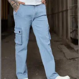 denim look Men Relaxed Fit Mid Rise Light Blue Jeans image 1
