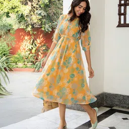 janasya Women Fit and Flare Yellow Below Knee Dress-picture-20