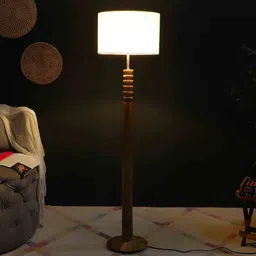 White Iron & Cloth Shade Club Floor Lamp With Wood Base by Sapphire image 3