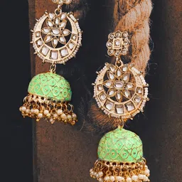 ATIBELLE Gold Plated Kundan Studded & Beaded Meenakari Jhumkas-picture-20