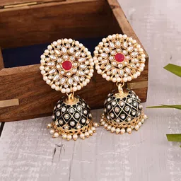 VIRAASI Gold-Toned & Blue Meenakari Contemporary Jhumkas Earrings-picture-31