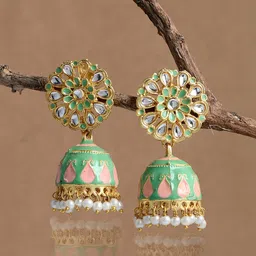 DASTOOR Brass-Plated Dome Shaped Kundan Studded Jhumkas-image-19
