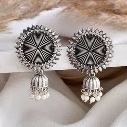 DASTOOR Silver-Plated Oxidised Contemporary Jhumkas image 1