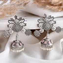 DASTOOR Silver-Plated Oxidised Contemporary Jhumkas-picture-30