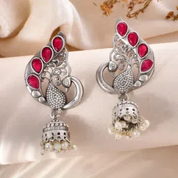 DASTOOR Silver-Plated Contemporary Jhumkas-picture-21