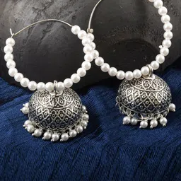 MEENAZ Silver-Plated Oxidised Beaded Dome Shaped Jhumkas-picture-22