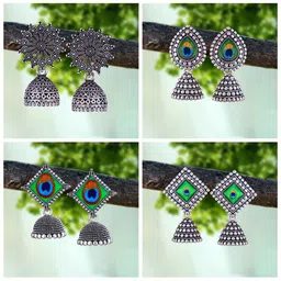 MEENAZ Pack of 4 Oxidised Silver Plated Silver Jhumkas-picture-34