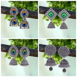 MEENAZ Set Of 4 Silver-Plated Beaded Classic Oxidised Jhumkas-image-58