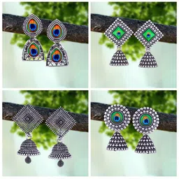 MEENAZ Set Of 4 Silver-Plated Oxidised Peacock Shaped Jhumkas-picture-26