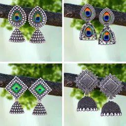 MEENAZ Set Of 4 Silver-Plated Beaded Classic Oxidised Jhumkas-image-66