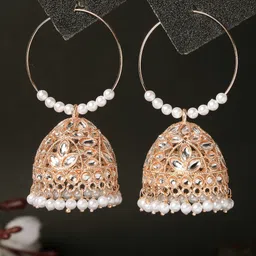 ADIVA Rose Gold-Plated Kundan-Studded & Pearls Jhumkas-picture-20