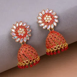 HOUSE OF ARLI Gold-Plated Stone-Studded & Beaded Dome Shaped Jhumkas Earrings-picture-30