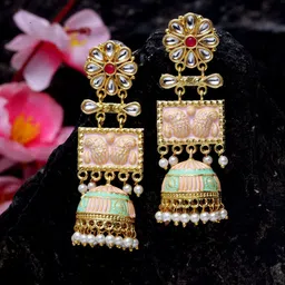 Moedbuille Gold-Plated Dome Shaped Kundan & Stone Studded Jhumkas Earrings-picture-23