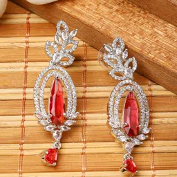 ZENEME Rhodium Plated Oval Shaped American Diamond Studded Drop Earrings-picture-26