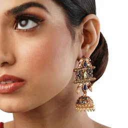 Anouk Brass-Plated Stone-Studded & Beaded Dome Shaped Jhumkas-picture-11