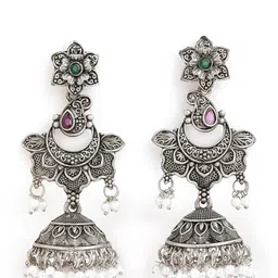 Anouk Silver-Toned Brass-Plated Stone-Studded & Beaded Floral Drop Earrings-picture-33