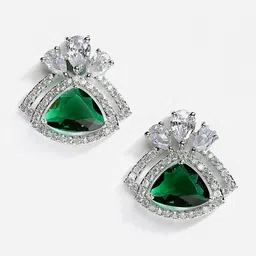 DressBerry Silver-Toned & Green Rhodium-Plated American Diamond Triangular Studs Earrings-picture-14