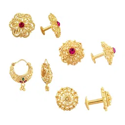 Vighnaharta Set Of 4 Floral  Gold-Plated Studs Earrings-picture-31