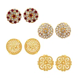 Vighnaharta Set Of 4 Gold Plated Cubic Zirconia Floral Studs-picture-10