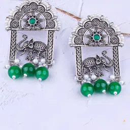 GRIIHAM Silver Plated Oxidised Zircon Studded & Beaded Drop Earrings-picture-38