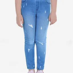 Naughty Ninos Girls Blue Low Distress Light Fade Stretchable Jeans-picture-14