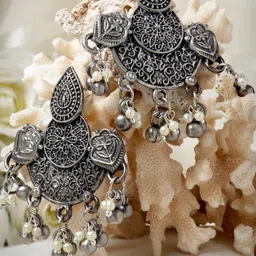 Moedbuille Silver-Plated Ghungroo & Pearl Crescent Shaped Oxidised Chandbalis-picture-21