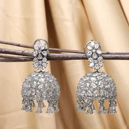 Yellow Chimes Silver-Toned Rhodium-Plated AD Studded Jhumka Earrings image 1