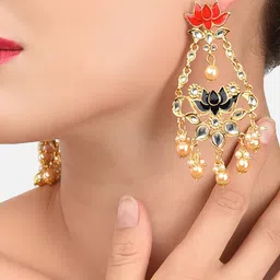 Zaveri Pearls Gold-Toned & Blue Enamelled Lotus Design Drop Earrings image 1