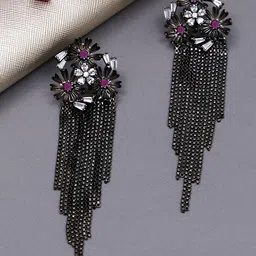 KARATCART Pink & Black Floral Oxidised Antique Cubic Zirconia Studded Drop Earrings-picture-31