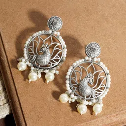 TEEJH Peacock Shaped Artificial Beaded Oxidised Drop Earrings-picture-34