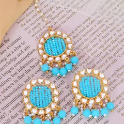 Crunchy Fashion Turquoise Blue & White Gold-Plated Kundan Maang Tika and Earrings-image-16
