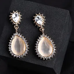 DESTINY JEWELS Gold-Plated Cubic Zirconia Stones Studded Teardrop Shaped Drop Earrings image 1