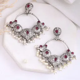 DASTOOR Silver-Plated Stone-Studded & Beaded Silver Oxidised Drop Earrings-picture-41