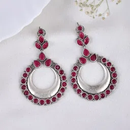 DASTOOR Silver-Plated Stone Studded Contemporary Oxidised Drop Earrings-picture-40