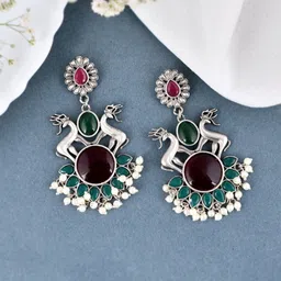 DASTOOR Silver Plated Oxidised Stone Studded Drop Earrings-picture-33