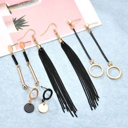 Yellow Chimes Woman Set of 4 Gold Plated Black Chain Long Dangler Earrings-picture-28