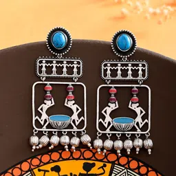 Voylla Silver-Plated Warli Contemporary Drop Earrings-picture-19