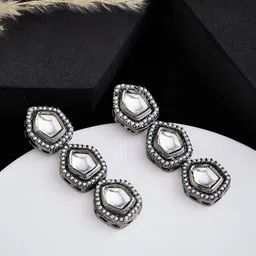 ATIBELLE Silver-Plated Kundan Stone Studded Contemporary Oxidised Drop Earrings-picture-39