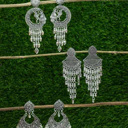PRIVIU Set of 3 Silver-Plated Contemporary Oxidised Drop Earrings-image-7