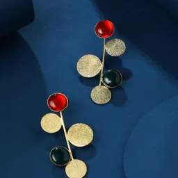 Yellow Chimes Gold-Plated Red & Green Stone Studded Drop Earrings-image-72