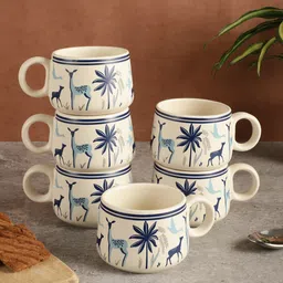 MIAH Decor Cream-Coloured & Blue 6 Pieces Printed Ceramic Matte Cups - 190 ml each image 1