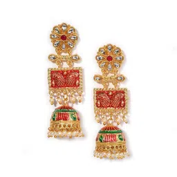 SOHI Gold-Toned & Red Dome Shaped Jhumkas Earrings image 2