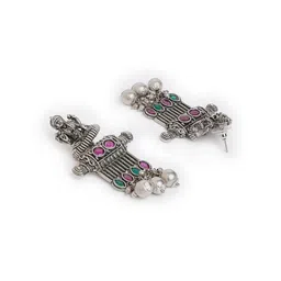 Anouk Silver-Toned Brass-Plated Beaded & Stone Studded Drop Earrings image 2