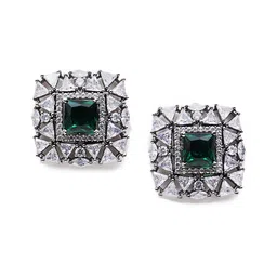 KARATCART Silver-Toned & Green Cubic Zirconia-Studded Classic Studs Earrings image 2