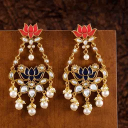 Zaveri Pearls Gold-Toned & Blue Enamelled Lotus Design Drop Earrings image 2