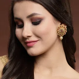 PANASH Gold-Toned & Red Floral Drop Earrings image 2