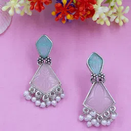 PRIVIU Silver-Plated Geometric Stone Studded Drop Earrings image 2