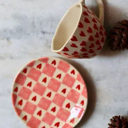 WEAVING HOMES Red & White 2 Pcs Printed Ceramic Glossy Plates & Mugs image 2