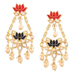 Zaveri Pearls Gold-Toned & Blue Enamelled Lotus Design Drop Earrings image 3