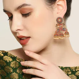 OOMPH Peacock Shaped Kundan Meenakari Jhumkas Earrings image 4